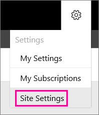 Captura de tela da lista suspensa Configurações com a opção Configurações do Site destacada.