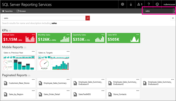 Captura de tela mostrando o portal dos Servidores de Relatórios do SQL Server com a caixa de texto Pesquisar em destaque.