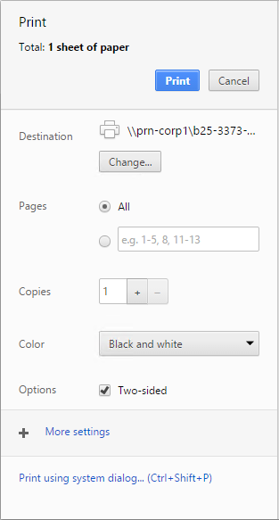 Screenshot of the print configuration settings.