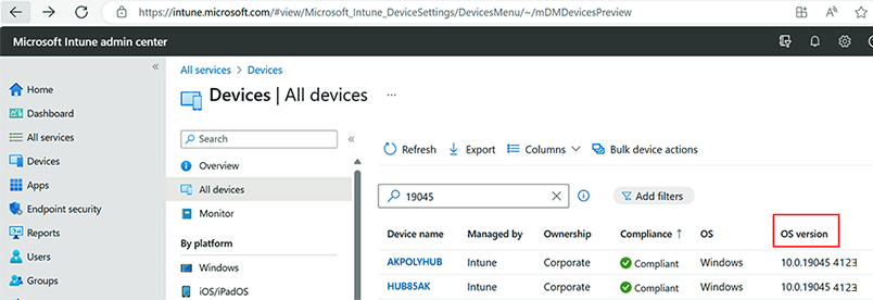 Captura de tela dos dispositivos 2S do Surface Hub registrados em Microsoft Intune centro de administração.