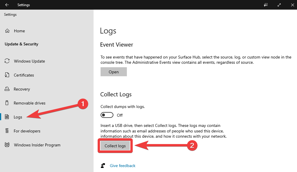 Acessar logs do Surface Hub