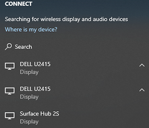 Captura de tela que mostra como o Check Surface Hub aparece como uma conexão disponível ao projetar.