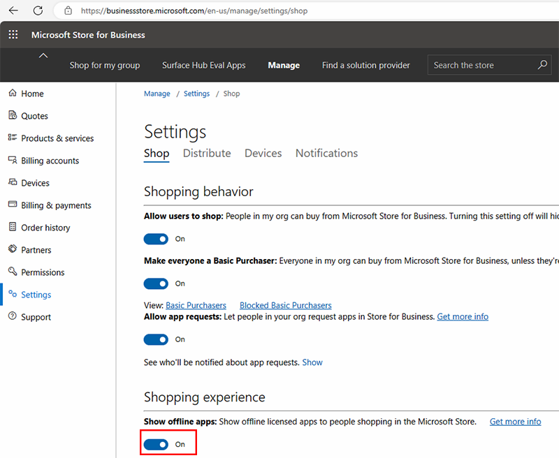 Captura de tela que mostra como habilitar aplicativos offline no Microsoft Store para Empresas.