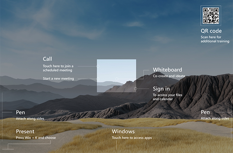 Captura de tela da tela de boas-vindas de exemplo do Surface Hub 2S 50