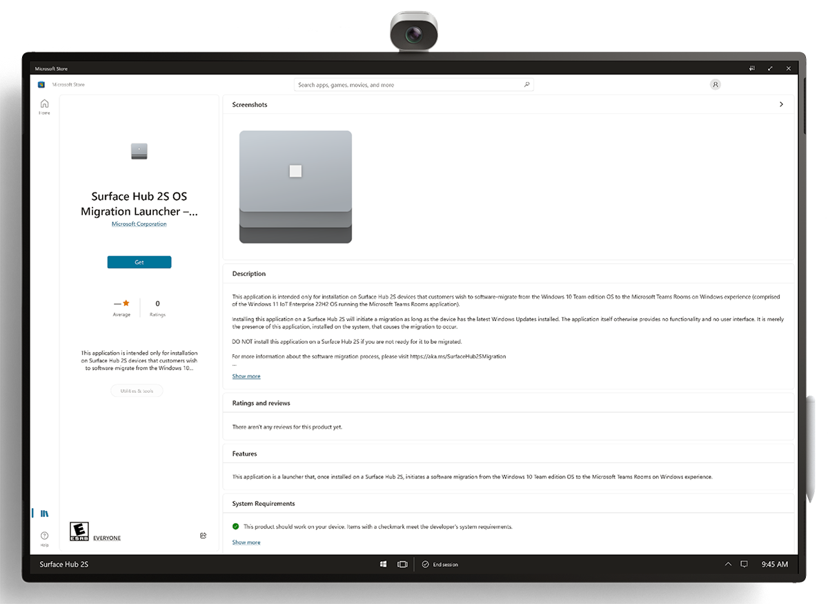 Captura de tela do Inicializador de migração do sistema operacional do Surface Hub 2S.