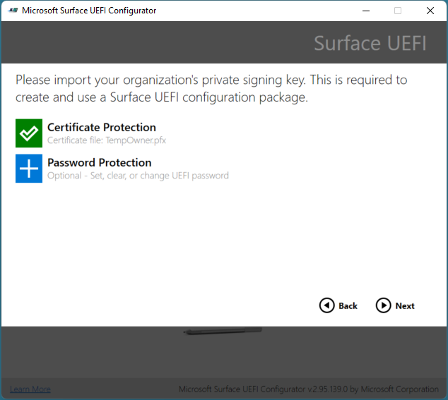 Adicione o certificado SEM e a senha do Surface UEFI ao pacote de configuração.