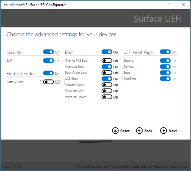 Controle as configurações avançadas do SURFACE UEFI e as páginas UEFI do Surface.