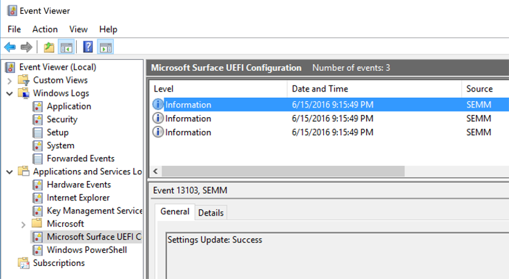 Verifique o registro do dispositivo Surface no SEMM em Visualizador de Eventos.