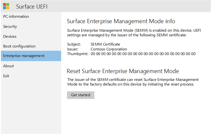 Página de gerenciamento do Surface UEFI Enterprise.
