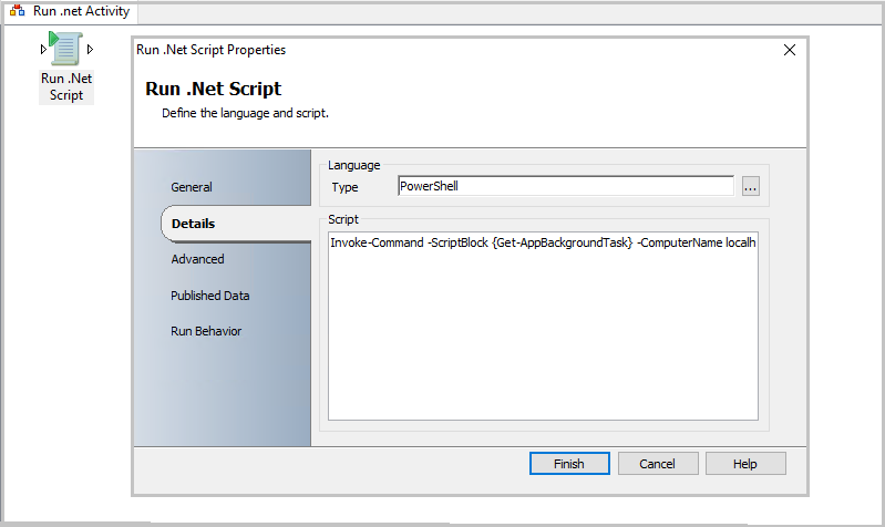 Captura de tela da atividade Executar Script do .NET.