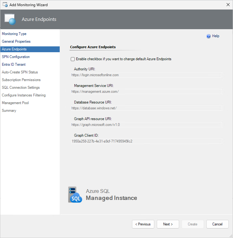 Captura de tela mostrando a opção Configurar pontos de extremidade do Azure.