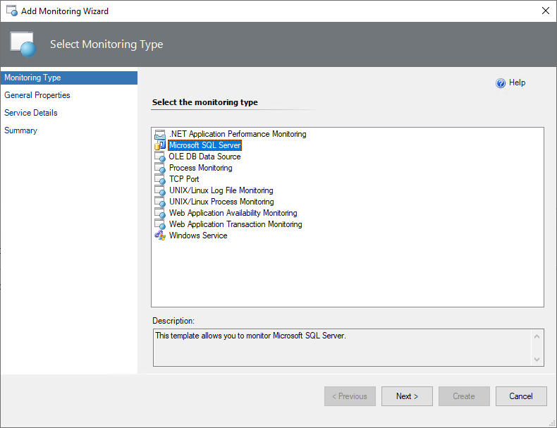 Captura de tela mostrando a seleção de SQL Server.