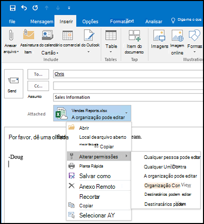Os usuários podem compartilhar arquivos e pastas através do Outlook, aplicativos do Office, o aplicativo móvel do OneDrive no iOS e Android, SharePoint, Explorador de Arquivos ou Mac Finder para arquivos sincronizados nos seus computadores