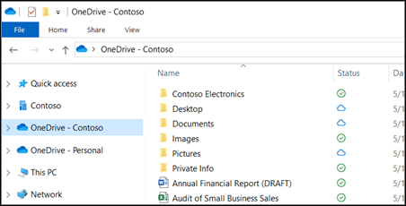 Se os arquivos do OneDrive forem sincronizados com o dispositivo de um usuário, eles poderão ser acessados no Explorador de Arquivos em OneDrive – [sua empresa].