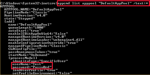 Captura de tela do uso do comando appcmd.