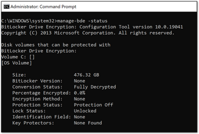 Captura de tela de exemplo de um dispositivo não criptografado com BitLocker.