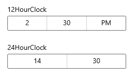 Um seletor de tempo mostrando um relógio de 12 horas e um seletor mostrando um relógio de 24 horas.