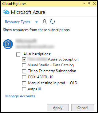 Cloud Explorer: select Azure subscriptions to display