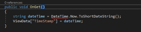 Screenshot shows an error mark, in the form of a wavy underline, for DateTime in the Visual Studio code editor.
