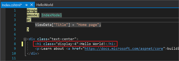 Screenshot shows the Index dot c s h t m l file in the Visual Studio code editor with the Welcome text changed to Hello World!.