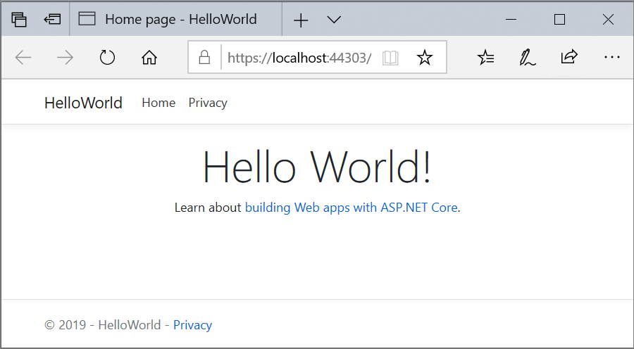 Screenshot shows the Home page for the web app in the browser window. The updated text says Hello World!
