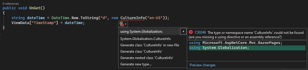 Screenshot shows the Quick Actions options from its drop-down menu with a mouseover on System.Globalization directive.