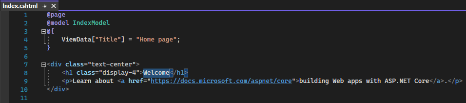 Screenshot shows the Index.cshtml file for the Home page in the Visual Studio code editor.