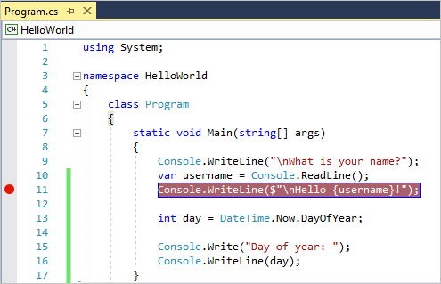 Captura de tela que mostra um ponto de interrupção em uma linha de código Visual Studio.
