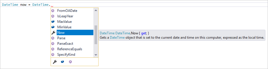 Captura de tela que mostra os membros da lista do IntelliSense Visual Studio.