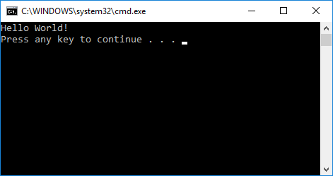 Captura de tela da janela cmd.exe console mostrando a saída "Olá, Mundo!" e "Pressione qualquer tecla para continuar".