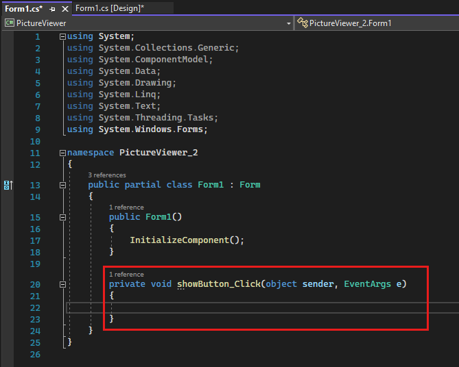 Screenshot shows the Form1.cs tab with Visual C sharp code.