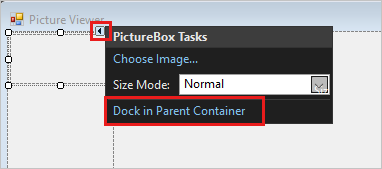 Captura de tela mostra a caixa de diálogo tarefas PictureBox com encaixe no contêiner pai realçado.