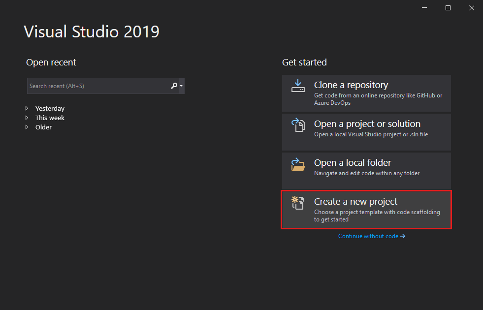 captura de tela mostra a opção criar um novo projeto na janela iniciar Visual Studio.