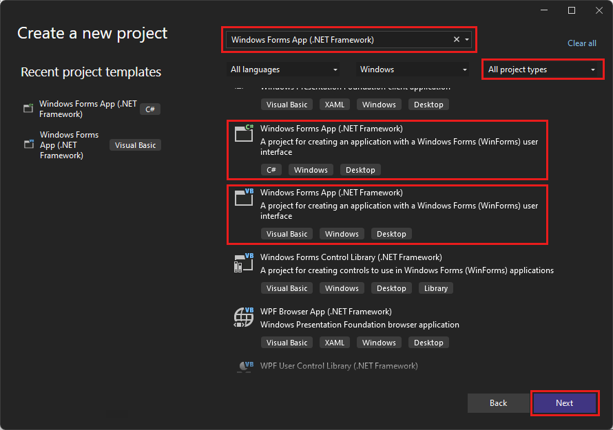 captura de tela mostra a caixa de diálogo criar um novo projeto com Windows Forms inseridas e as opções para Windows Forms aplicativo.