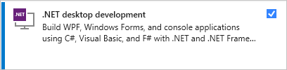 captura de tela mostrar a carga de trabalho de desenvolvimento do NET desktop no Instalador do Visual Studio.