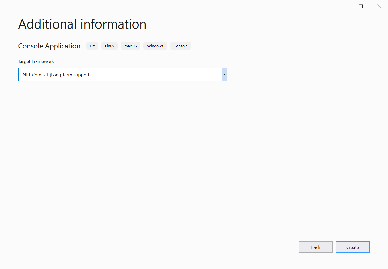 Captura de tela da janela &quot;Informações adicionais&quot; no Visual Studio 2019, em que você seleciona a versão do .NET Core Framework que deseja.