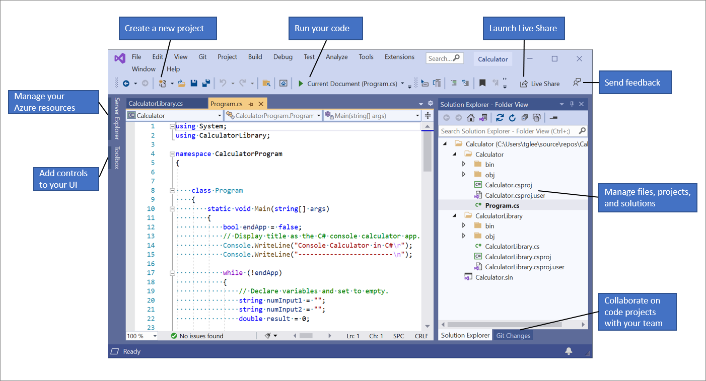 Uma captura de tela do IDE Visual Studio 2019, que inclui os destaques que indicam onde estão localizados os principais recursos e funcionalidades.