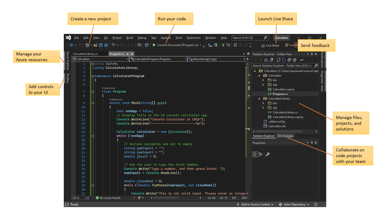 Captura de tela mostrando Visual Studio IDE 2022, com explicações indicando o local dos principais recursos e funcionalidades.