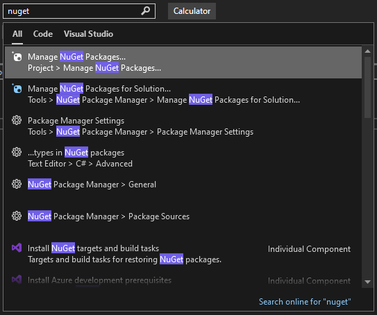 Captura de tela que mostra a Início Rápido de pesquisa no Visual Studio.