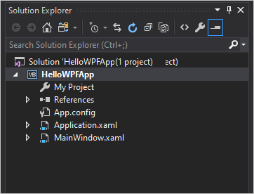 Screenshot shows Solution Explorer with Hello W P F App files.