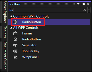 Screenshot showing the Toolbox window with the RadioButton control selected in the list of Common WPF Controls.