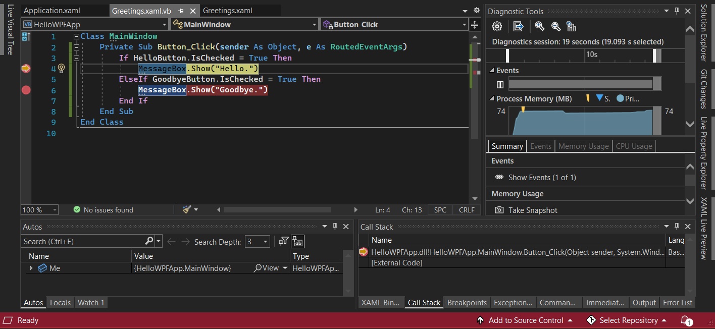 Screenshot showing a debug session in Visual Studio with the Code, Diagnostics. Autos, and Call Stack windows open. Execution is stopped at a breakpoint in Greetings.xaml.vb.