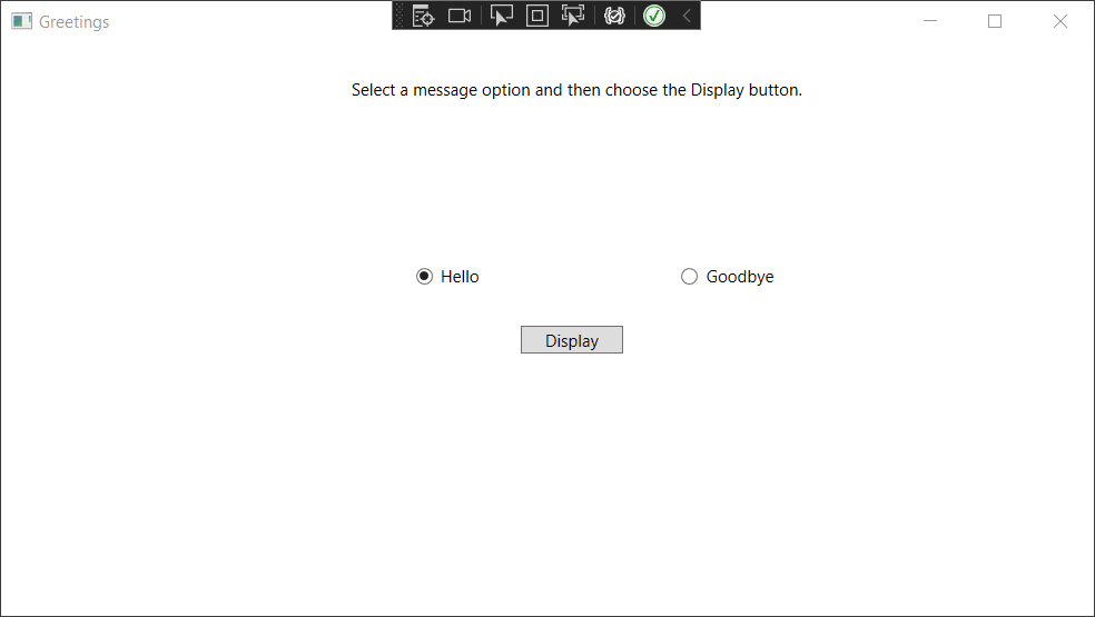 Screenshot of the Greetings window with the TextBlock, RadioButtons, and Button controls visible. The 'Hello' radio button is selected.