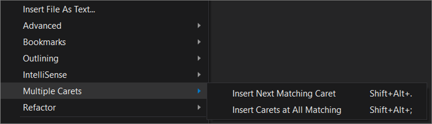 Captura de tela do menu suspenso Vários Pontos de Visual Studio