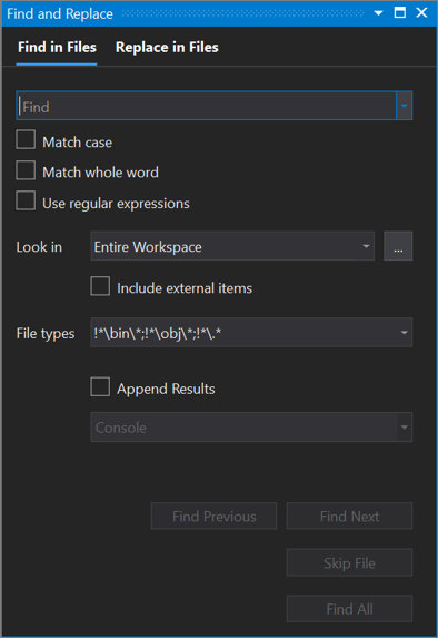 Captura de tela da caixa de diálogo Encontrar e Substituir no Visual Studio 2019, com a guia Encontrar em Arquivos aberta.