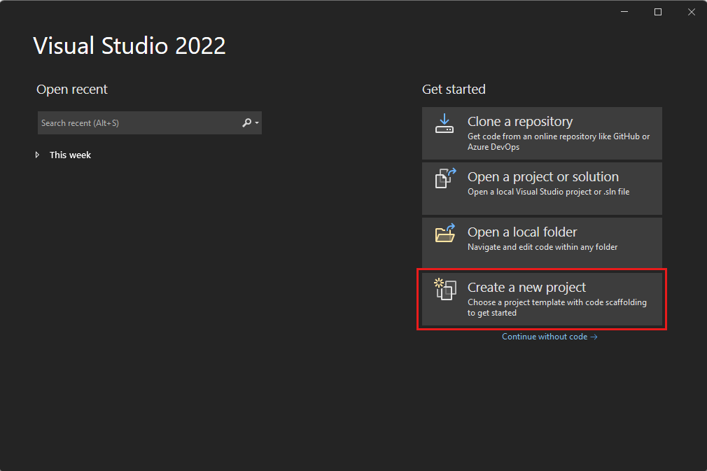 A captura de tela mostra a opção Criar um novo projeto na Visual Studio inicial.