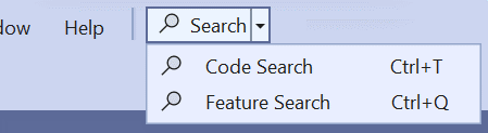 Captura de tela da experiência de Pesquisa All-In-One na barra de menus do Visual Studio.