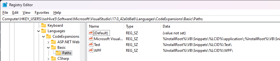 Captura de tela das chaves do registro para snippets de código.