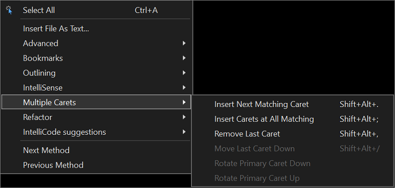 Captura de tela do menu suspenso Vários Pontos de Visual Studio 2022.