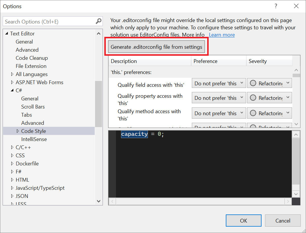 Screenshot that shows how to generate an .editorconfig file from settings in Visual Studio.